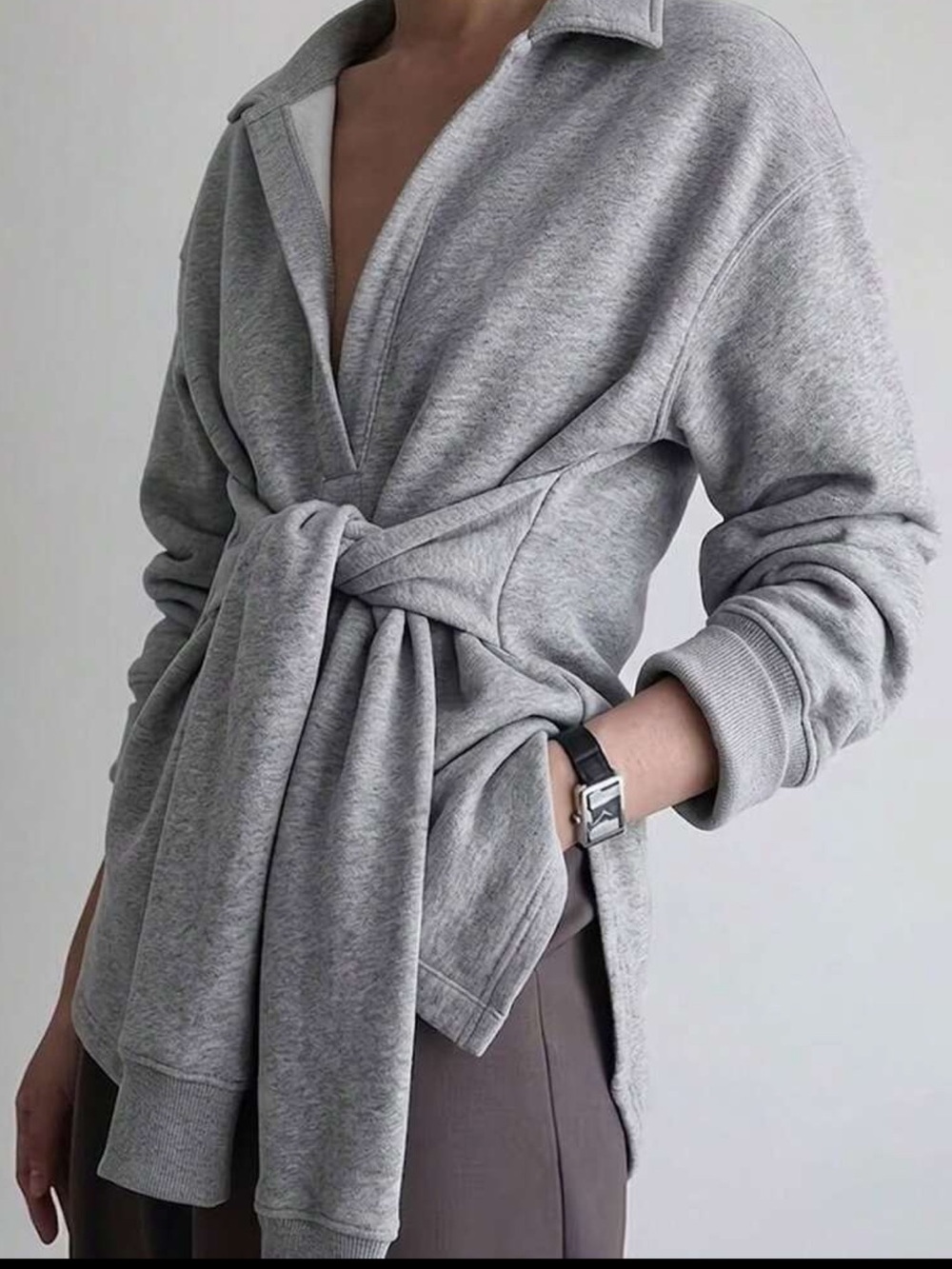 Women Polo Collar Sweatshirt Top, Long Sleeve Front Waist Tie Knot